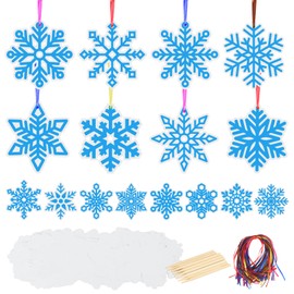 MONCAP Pack of 48 Snowflakes Scratch Paper, Winter Scratch Pictures, Children's Rainbow Scratch Art, Snowflakes, Creative DIY with Wooden Pens, Ribbons for Christmas, Winter, Decoration, Party, Party