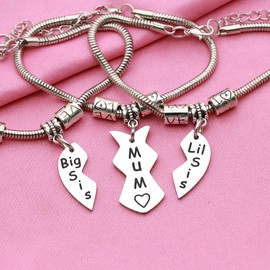 FACYONSDE Big Sister Mum Little Sister Bracelet for 3 Mum Daughter Gifts Mother Daughter Bracelet Jewellery for Women Girl Charm Matching Heart Bracelet Set