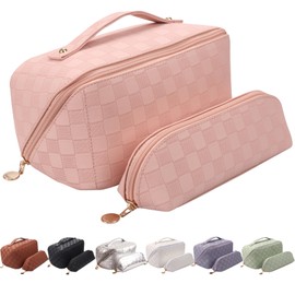 Abiudeng Makeup Bag Toiletry Bag Set Travel Make up Bag Set Wide Open Cosmetic Bag Vanity Bag with Compartment Large Capacity Portable PU Women Girls Beauty Storage Bag 2 pcs-B-Pink