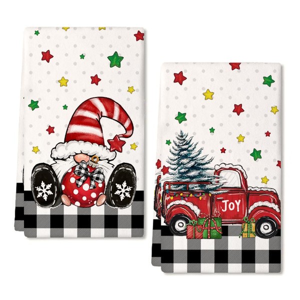 ARKENY Christmas Kitchen Towels Set of 2,Black Buffalo Plaid Gnome Red Truck Xmas Dish Towels 18x26 Inch Joy Sign Drying Dishcloth,Farmhouse Home Noel Decoration AD162