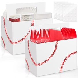 2PCS Baseball Utensil Holder Disposable Utensil Caddy for Baseball Party Supplies Paper Cutlery Holder with Handles for Baseball Birthday Decorations Cutlery Caddy for Cups Spoons Forks Napkins Plate