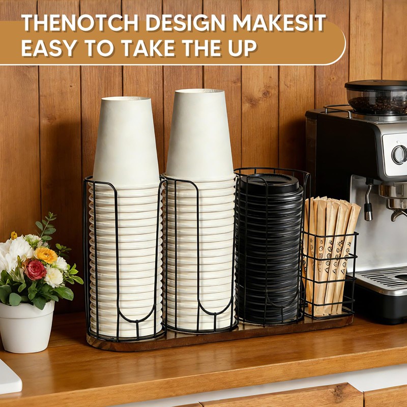 MOJIEZUO 4-Compartment 18oz Coffee Cup Dispenser Rack with Wood Base,