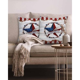 4th of July Throw Pillow Covers 18x18 Inch Set of 2 Patriotic Stars American Wreath Pillows Cushion Case Rustic White Wood Grain Pillowcases Independence Day Throw Pillows for Couch Sofa Bed Garden
