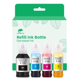 COLORETTO E-104 Refill Ink, Compatible with Epson 104 Ink for EcoTank ET-14100, ET-2710, ET-2711, ET-2712, ET-2714, ET-2715, ET-1810, ET-2820 (BK/C/M/Y) (Not for Sublimation Printers)