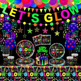 Pack of 163 Glow Neon Party Supplies Neon Birthday Party Decorations Glow Party Tableware Set Including Plates Banner Balloons Napkins Tablecloths Neon in Dark Theme Party Supplies Serves 40