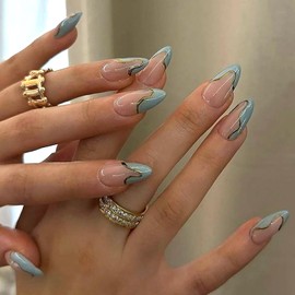 French Tip Press on Nails Medium Length Almond Shaped Fake Nails Blue Glue on Nails Gold Stripe Stick on Nails Reusable Full Cover Artificial Acrylic False Nails Press on Nails for Women Girls 24Pcs