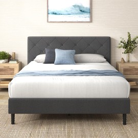Zinus Full Shalini Upholstered Platform Bed Frame with Headboard [New WonderBox(TM) Version], Wooden Slat Support, No Box Spring Needed, Easy Assembly, Eco Friendly Packaging, Dark Grey