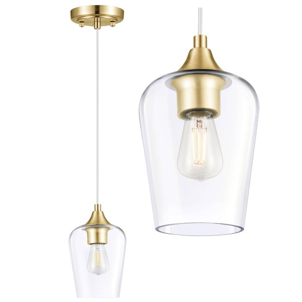 VONLUCE Gold Pendant Light, Mid-Century Modern Pendant Light with Glass Shade, Brushed Brass Glass Pendant Light Fixtures for Kitchen Island, Mini Hanging Lighting for Dining Table Hallway Bedroom