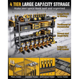 MAXIFFE 4 Layer Power Tool Organizer Wall Mount, 9 Drill Holder Heavy Duty Metal Cordless Tool Organizers and Storage Rack Holder for Garage Workshop Pegboard, Gifts for Men, Black, 32 inch