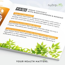 Vitamin C 1000mg (2 Packs of 180) – 360 Vegan & Vegetarian VIT C Tablets – 1 Year Supply – High Strength Ascorbic Acid – Added Bioflavonoids & Rosehip – Normal Immune System – UK Made by Nutravita