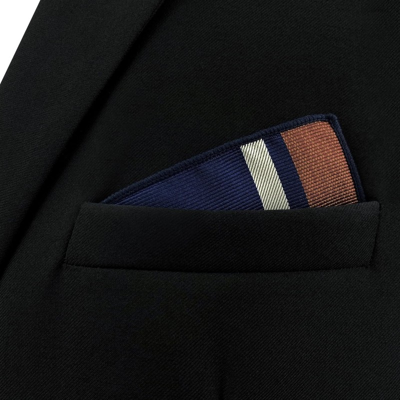 S&W SHLAX&WING Men's Striped Pocket Square, Navy Blue, White, Brown,