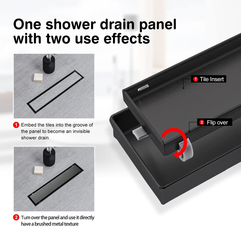 SaniteModar Linear Shower Drain, Black Shower Drain 12 inch with