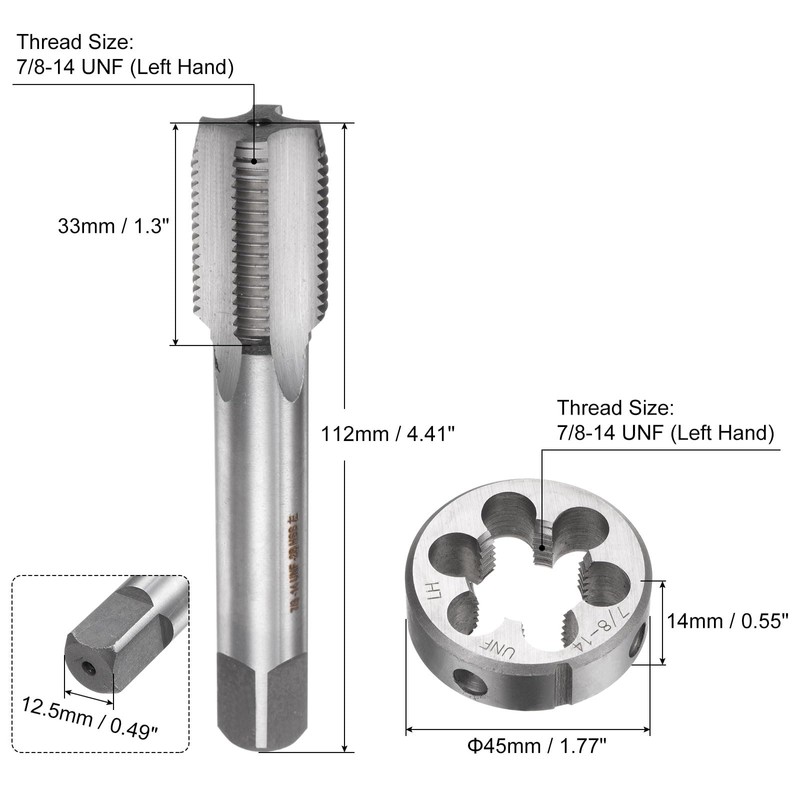 QUARKZMAN 2 Piece Tap and Die Set, 7/8-14 UNF Left