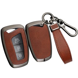 ontto Key Case Fit for Hyundai Key Remote,Stylish Key Holder for Genesis Santa Fe Key Fob,Metal and Leather Key Shell for Equus Azera Key Fob,Full Protection Key Cover Brown