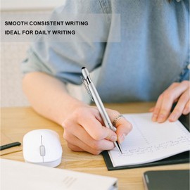 LINFANC 12 Pack Silver Ballpoint Pen with Stylus Tip, 1.0 mm Black Ink Smooth Writing Pens, Metal Stylus Pens for Touch Screens