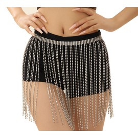 Rhinestone Belt Fringe Skirt,Crystal Tassel Skirtsfringe Hip Scarf Rave Belts Outfit for Women (Sliver- Style 2)