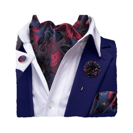 Hi-Tie Silk Ascot - Juego de gemelos para hombre con solapa para hombre, diseño de cangrejos y flores, para bodas, fiestas, A Navy and Red, Medium