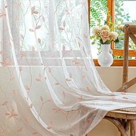 AmHoo 2 Panels Embroidered Leaf Pattern Semi Sheer Curtains Foliage Floral Voile Window Draperies Treatment for Bedroom Living Room Rod Pocket White Pink 53 x 63 Inch