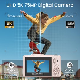 SOPPY 5K Digital Camera with WiFi Transfer, 75MP Vlogging, 18X Zoom & 3" Flip Screen, Auto Focus YouTube Camera, 64GB SD Card Included, Compact for Kids, Teens & Beginners, Pink