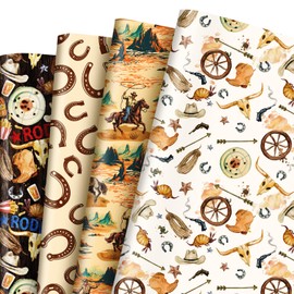 JarThenaAMCS 8 Sheets Western Cowboy Wrapping Paper - Not Roll - Vintage Watercolor Wild West Rodeo Gift Wrap Paper Folded Flat DIY Craft Paper for Holiday Birthday Party, 19.7 x 27.6 Inch