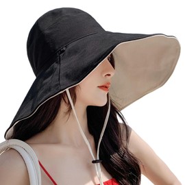Women's Sun Hat Ultra Wide Brim Bucket Hat for Summer Cotton Sun Hats UV Protection Beach Hats Fishing Cap Floppy (CA/US, Alpha, One Size, Wide Brimmed, Black)