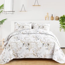 Anibedding Grey Quilt Set Queen,3 Pieces Reversible Elegant Grey Botanical Leaves Pattern Bedspread Coverlet Soft Microfiber Bed Cover for All Season(96"×90")