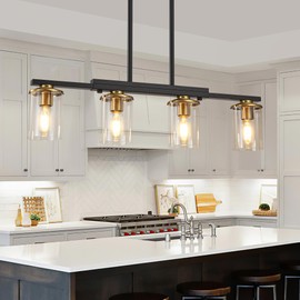 XvmBvm 4-Light Kitchen Island Lighting,Dining Room Lights Modern Farmhouse Chandelier with Clear Glass Shade,Modern Rustic Black and Gold Metal Chandelier, Kitchen Pendant Light Fixtures Over Table