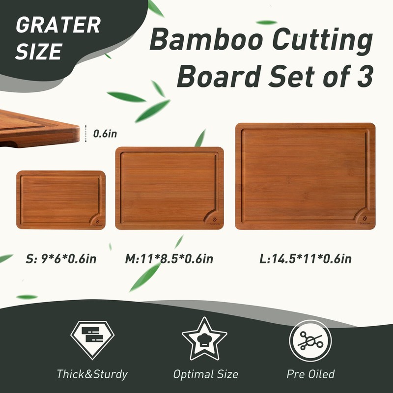 3 Packs Bamboo Cutting Board Set with Non Slip Feet