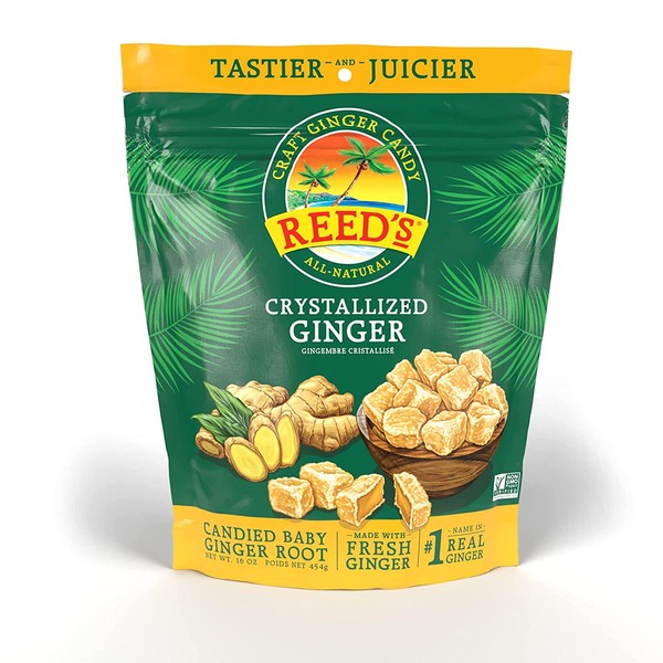 Reed's All Natural Crystallized Ginger Nuggets In A 16 oz Resealable Bag - Baby Ginger Root Fruit Slices Sweetened With Raw Cane Sugar Crystals - High Energy Ginger Candies For Snacking - 12 Pack