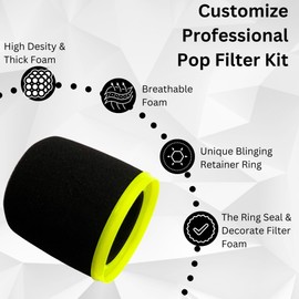 RhymKawa Custom Windscreen Pop Filter for Shure MV7, MV7i, MV7+, MV7X Microphones, Thick Foam and Yellow Retainer Ring Windsock with Noise-Reducing
