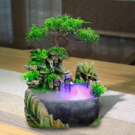 Gdrasuya10 Tabletop Fountain Waterfall, Mini Silent Indoor Waterfall Fountain Zen Meditation Resin Rockery Water Fountain with Atomizer