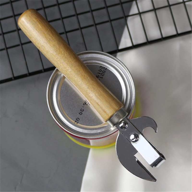 Manual Can Opener with Wooden Handle Stainless Steel Convenient and