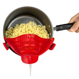 LYCIAN WAY Clip-on Pot/Pasta Strainer Silicone Fits All Pots and Pans Plus Silicone Collapsible Funnel and Garlic Peeler -3 Pack- Space Saving Design, Easy to Clean, Food-Safe - (Red)