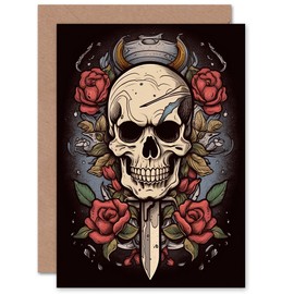 Artery8 Skull Dagger and Roses Tattoo Style for Him or Her Man Woman Birthday Thank You Congratulations Blank Art Greeting Card
