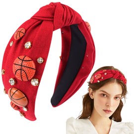 Hapdoo Red Basketball Rhinestone Jeweled Knotted Headbandn Wide Game Day Sports Hair Accessories Gift for Basketball Fans