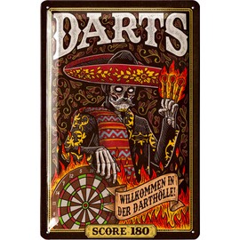 LANOLU Retro Tin Sign Darts Hell - Bar and Party Room Decoration, Irish Pub Decoration, Funny Gift for Men, Vintage Metal Sign with Punching and Curve, 20 x 30 cm