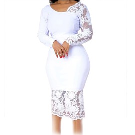 Cololura Women Elegant Floral Lace Patchwork Long Sleeve Evening Gown Party Cocktail Bodycon Dress White