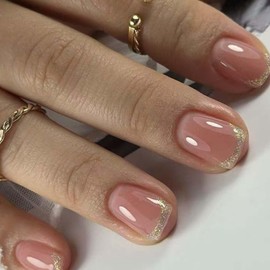 Hkanlre Gold French Short Fake Square Nails Tips Press on Nails Full Cover Nude False Nails for Women 24PCS