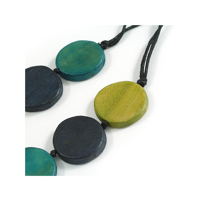 Avalaya Blue/Olive/Teal Geometric Round Wooden Bead Necklace with Adjustable Black