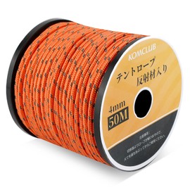 KOMCLUB Camping Rope Camping Reflective Rope,Adjuster Guy Lines Tent Cords,Lengths 50m,Diameter 4mm,for Camping,Hikingand,Backpacking (Orange)