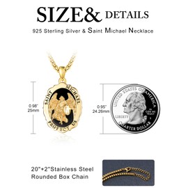 TANGPOET Archangel St Michael Pendant Medal Necklace for Men Women Gold Plated 925 Sterling Slver Black Onyx Protection Catholic Religious Jewellery Gifts