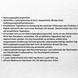Aliness L-Lysine, Lysinhydrochlorid 500mg, Aminosäuren, Nahrungsergänzungsmittel, 100 kapseln