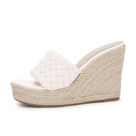 Ermonn Sandalias de cuña de plataforma para mujer, alpargatas trenzadas con puntera abierta, zapatos de tacón alto, Crema, 9 US