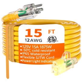 HUANCHAIN 12/3 Gauge Heavy Duty Outdoor Extension Cord 15 ft Waterproof with lighted end, Flexible Cold-Resistant 3 Prong Electric Cord Outside, 15Amp 1875W 12AWG SJTW, Yellow, ETL