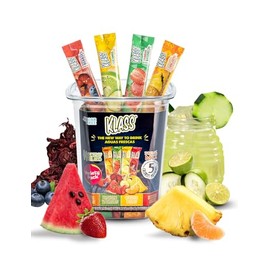 Klass Aguas Frescas Mezcla de bebida en polvo | 44 sobres de polvo sin azúcar | Sabores - Pepino, limonada de lima, piña, mandarina, fresa, sandía y b