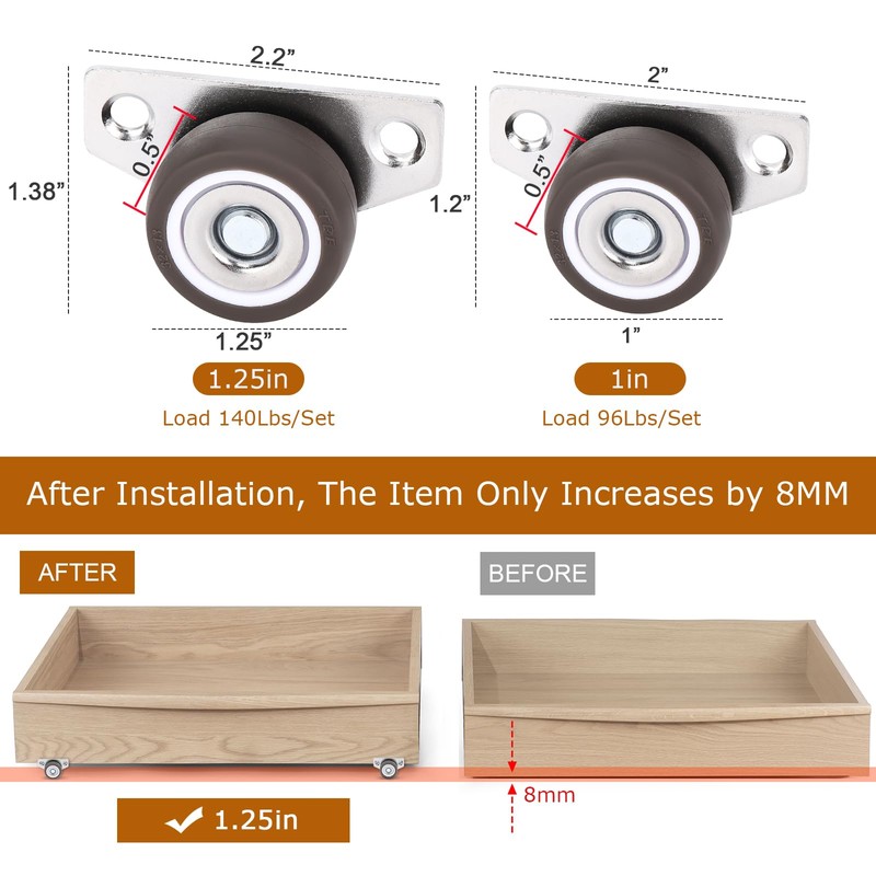 1-1/4 Inch 8Pcs Mini Low Profile Casters, Small Side Mount
