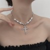 Punk Crystal Cross Pearl Necklace for Women Chunky Pearl Beaded