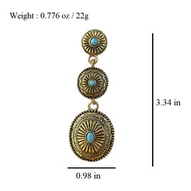 Vintage Western Earrings Boho Turquoise Silver Drop Dangle Stud, Country Concert Western Outfit Gold Oval Retro Cowgirl Earrings for Women Jewelry Gift (Gold)