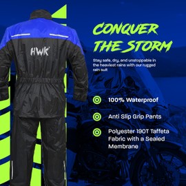 HWK Motorcycle Rain Suit for Men and Women, Two-Piece Waterproof Motorcycle Rain Gear with Reflective Rain Jacket and Rain Pants for Weatherproof All-Season Riding, Blue, 3X-Large