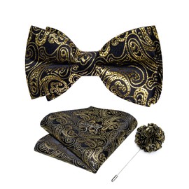 DiBanGu Black Gold Mens Bow Tie Set Paisley Bowtie and Pocket Square Lapel Pin Cufflinks Wedding Bussiness